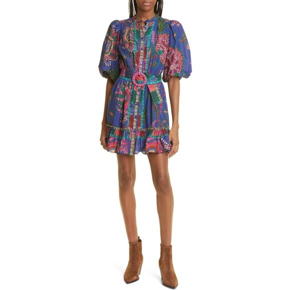 FARM Rio Size Small Blue Floral Sunset Tapestry Scarf Blue Mini Dress OS38-4